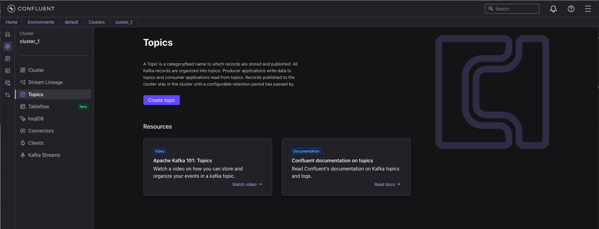Screenshot showing creating a topic in Confluent Cloud.