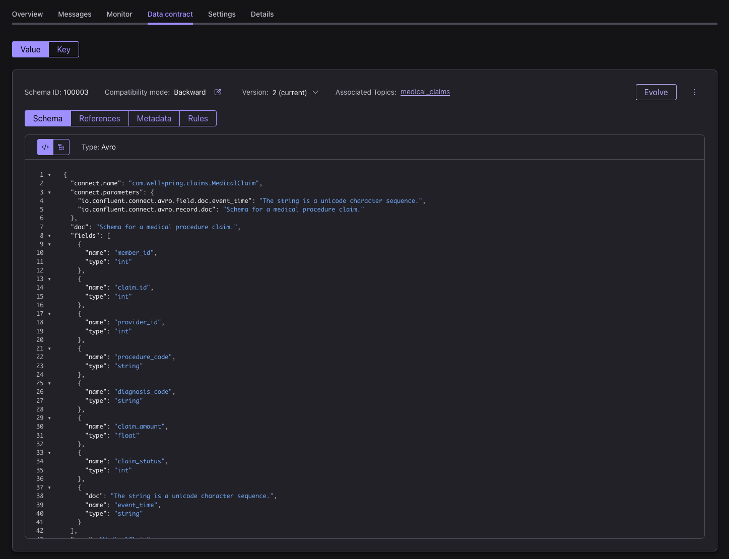 Screenshot showing creating a data contract in Confluent Cloud.