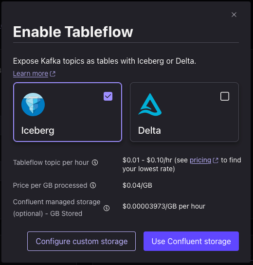 Screenshot showing creating selecting Iceberg in Confluent Cloud.