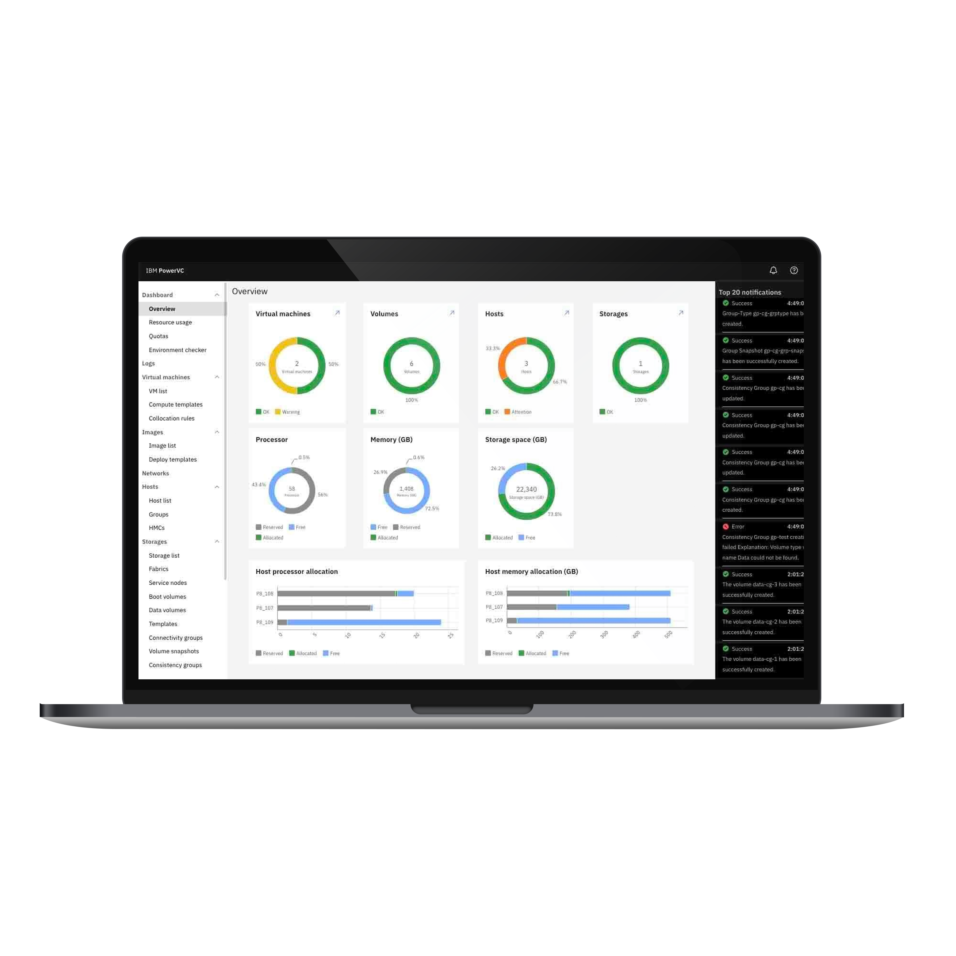 ノートPCの画面に表示されたIBM PowerVCの画像 