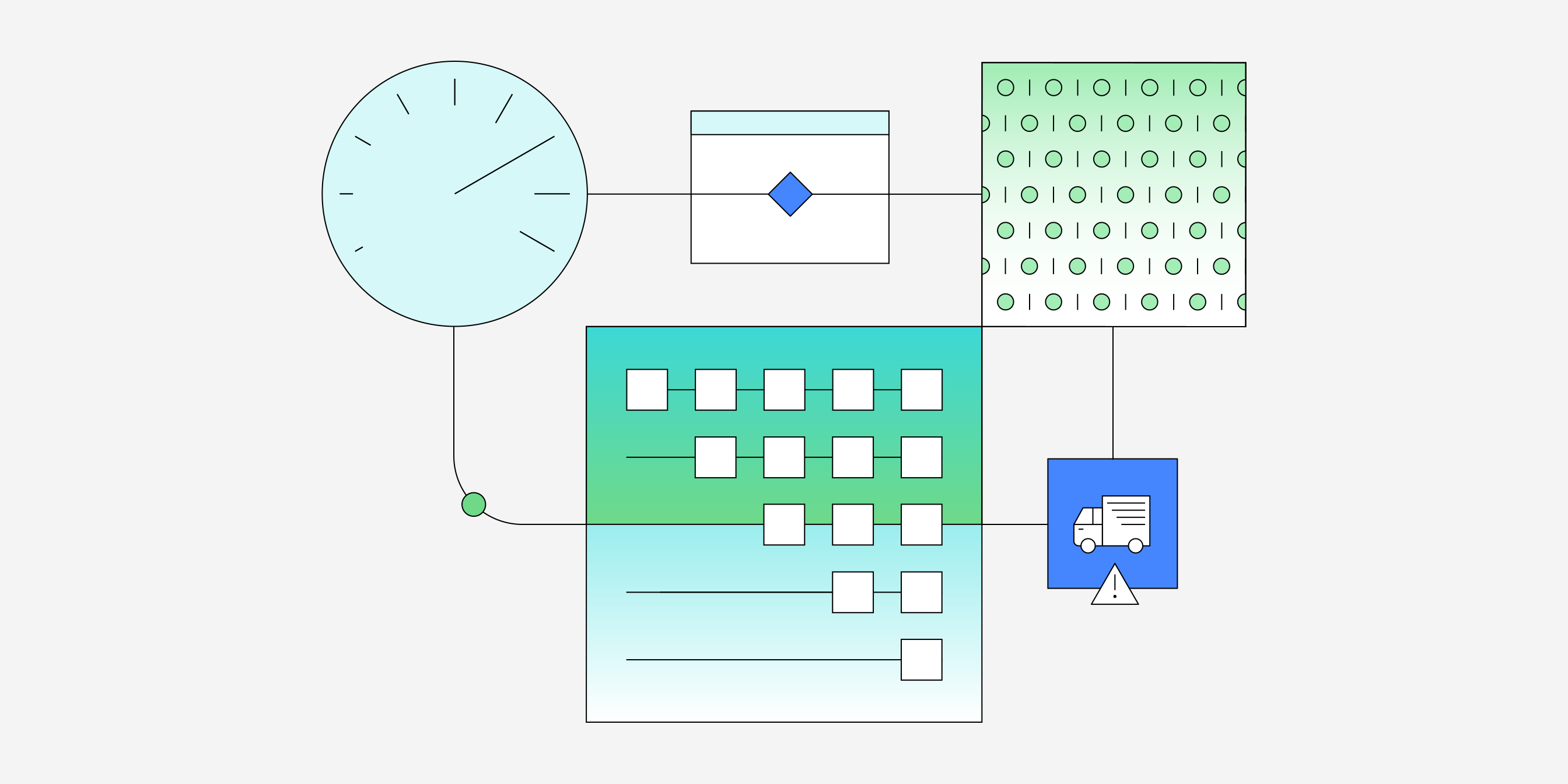 An abstract illustration showcasing interconnected digital elements, including a clock, data grid, and delivery icon. The design features a clean layout with green and blue tones, emphasizing organization and efficiency. The visuals suggest a modern workflow or system integration concept.
