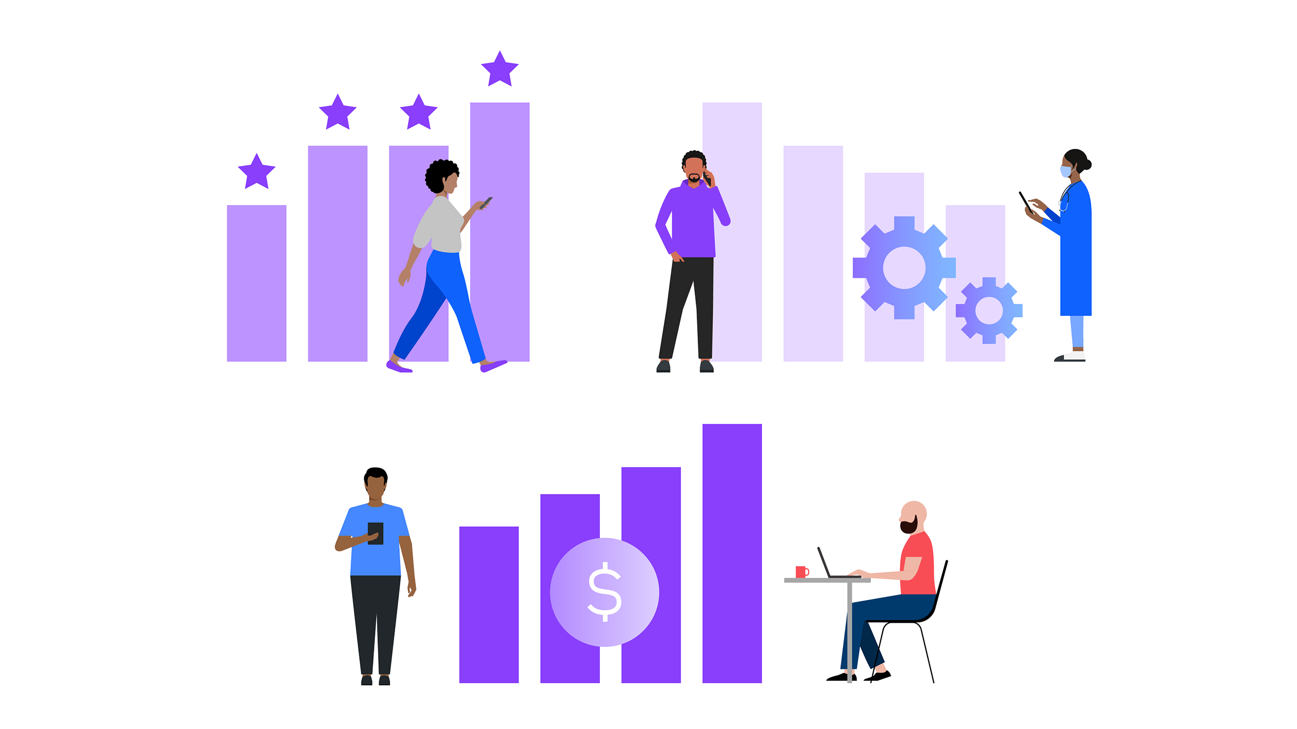 Ilustração composta de gráficos verticais representando aumento de vendas, sistemas orquestrados e previsibilidade