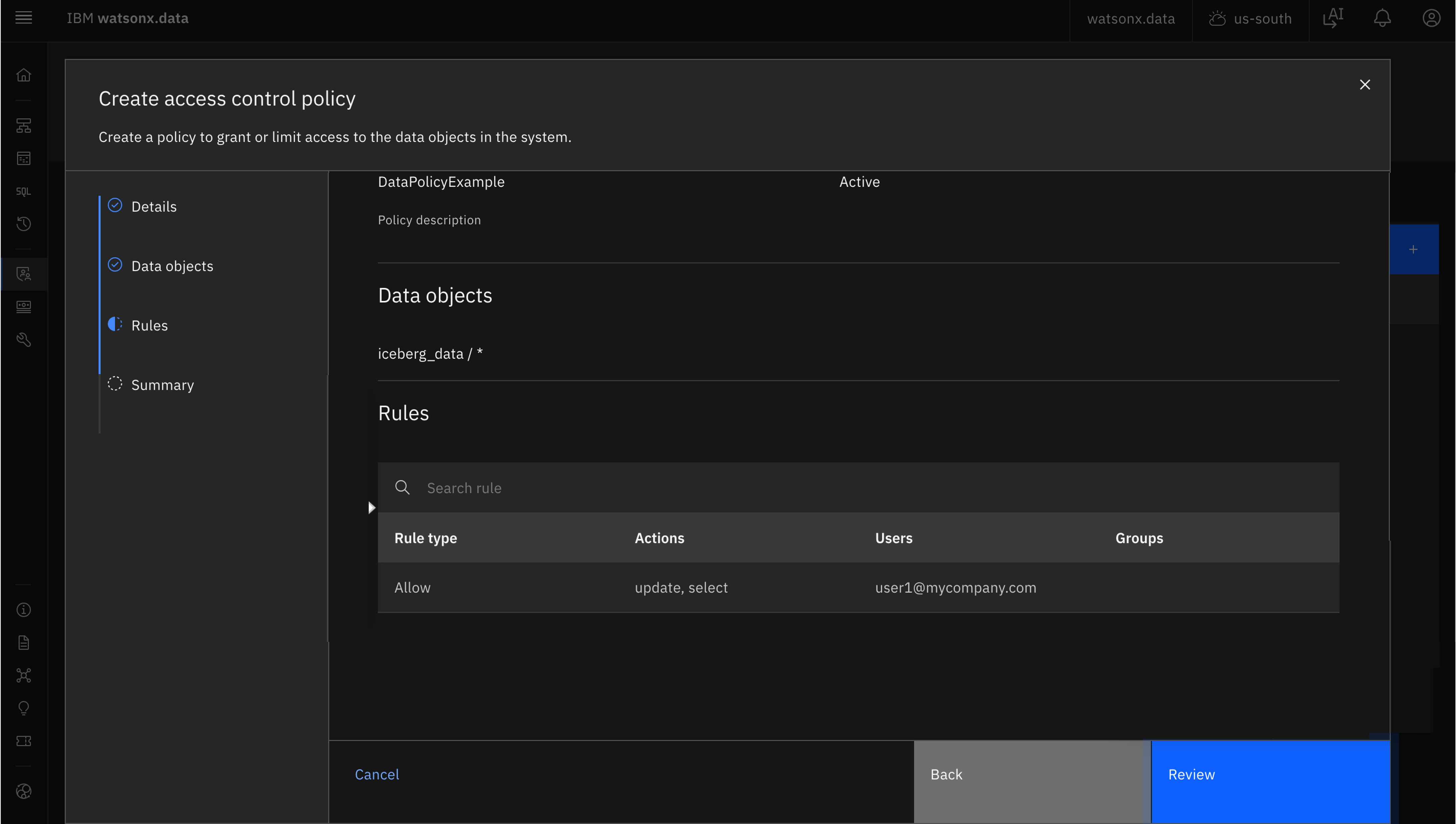 Screenshot of the IBM watsonx.data Create Access Control policy UI dashboard
