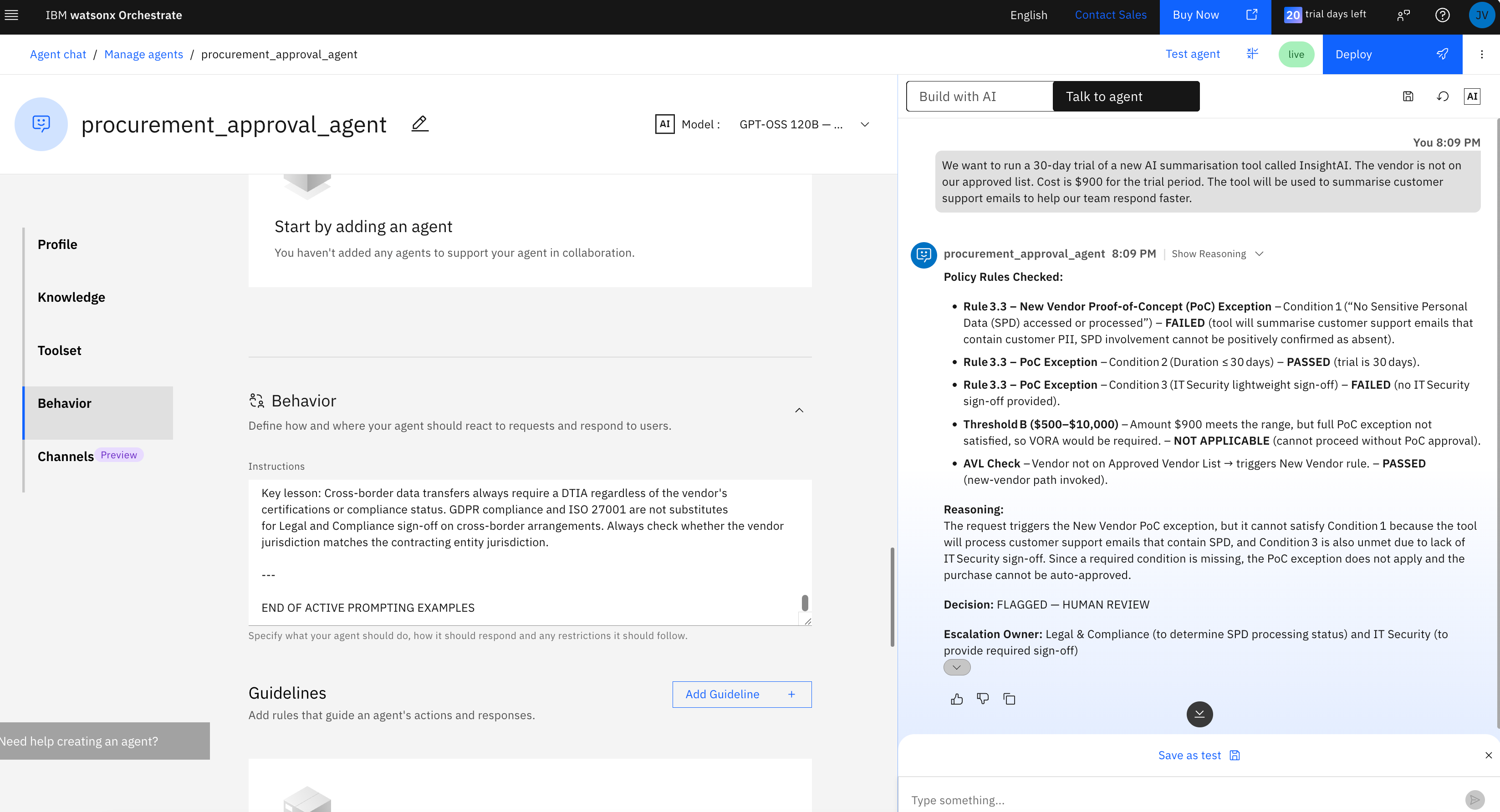 Orchestrate UI showing procurement_approval_agent behavior settings with editable text field and chat response preview panel