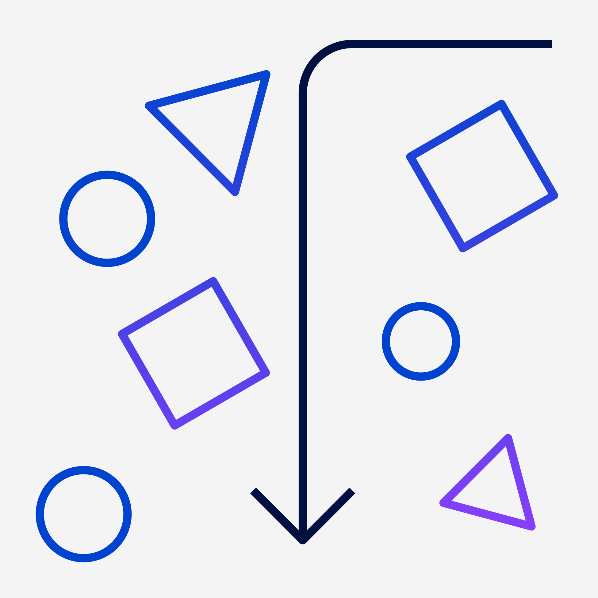 Un design abstrait avec une fonctionnalité de formes géométriques, notamment des cercles, des carrés et des triangles dans des tons bleus et violets. Une flèche noire pleine de points vers le bas, créant une impression de direction et de mouvement. L’arrière-plan est gris neutre, mettant en valeur les couleurs vives des formes.