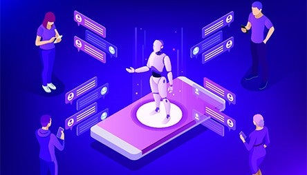 Abstract 3D interface device with slots and knobs connected by blue lines to floating UI elements on a grid background.