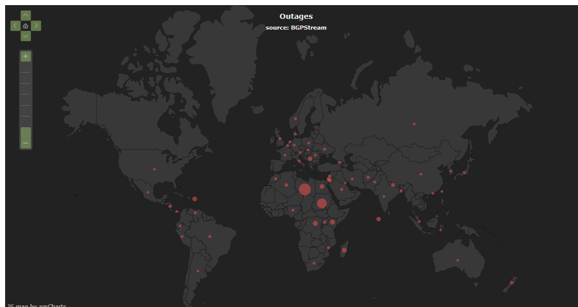 Grayscale map of North & South America, Africa, Europe & Australia with red dots depicting large internet outage events