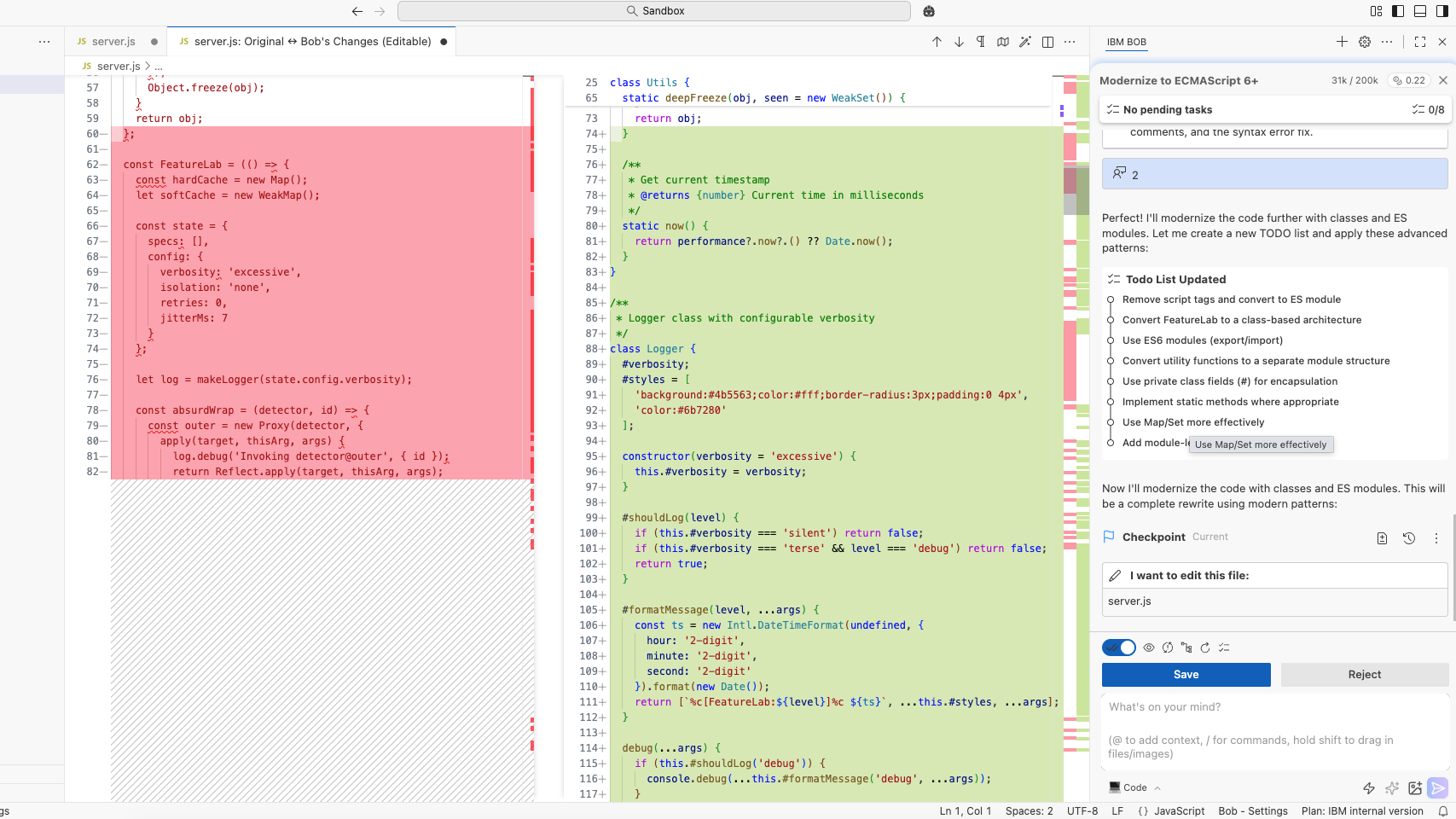 IBM Bob code comparison interface
