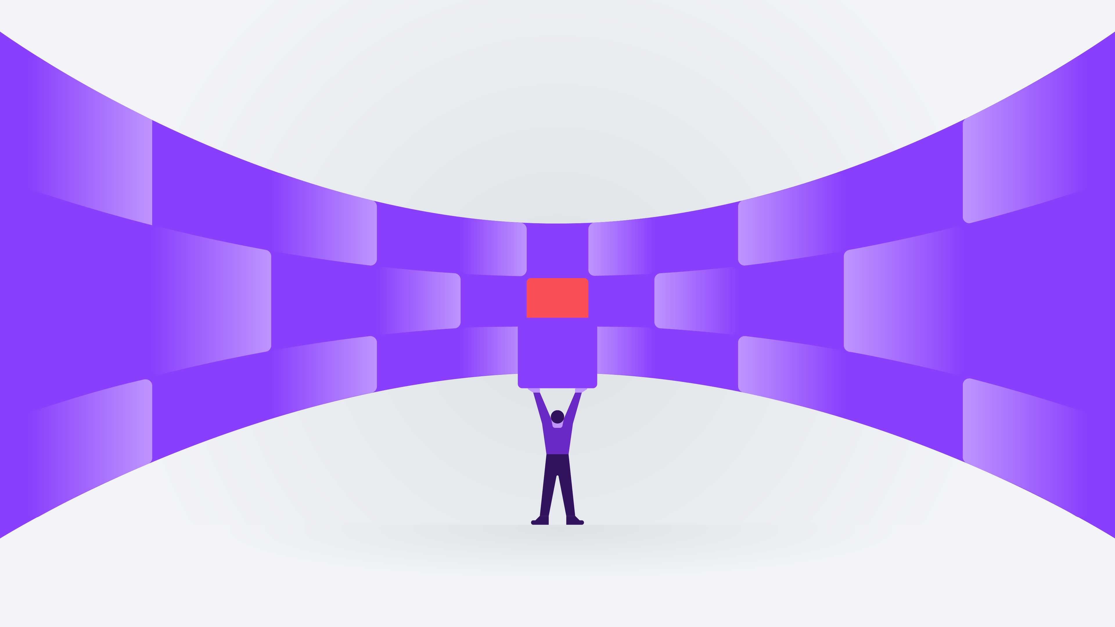 Ilustração de um retângulo roxo com um único ponto vermelho sendo erguido por uma pessoa, em um fundo branco