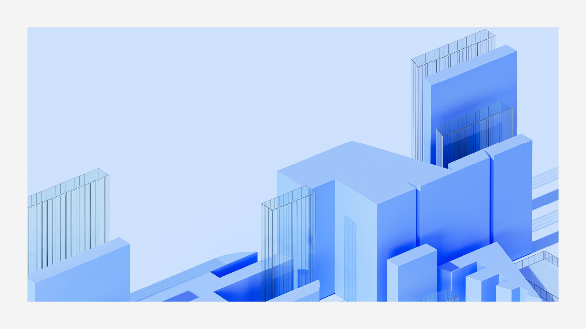 Abstract isometric illustration of blue-and-white cityscape with geometric buildings and transparent architectural structures