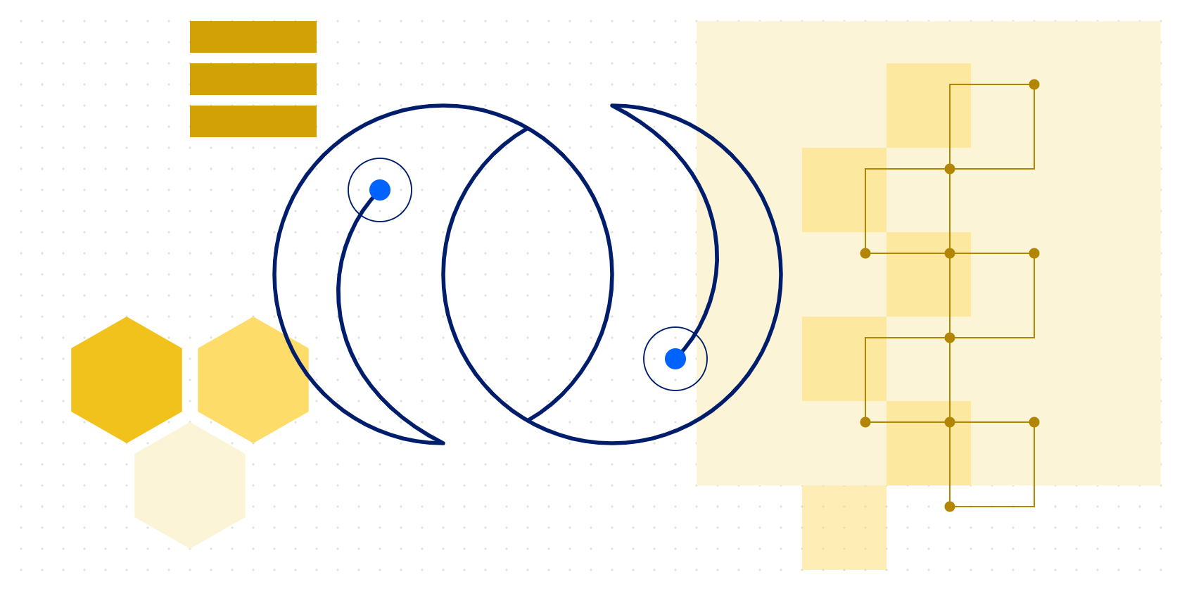 Abstract illustration with curved blue shapes, hexagons, and connected yellow nodes forming a geometric, data-style layout.
