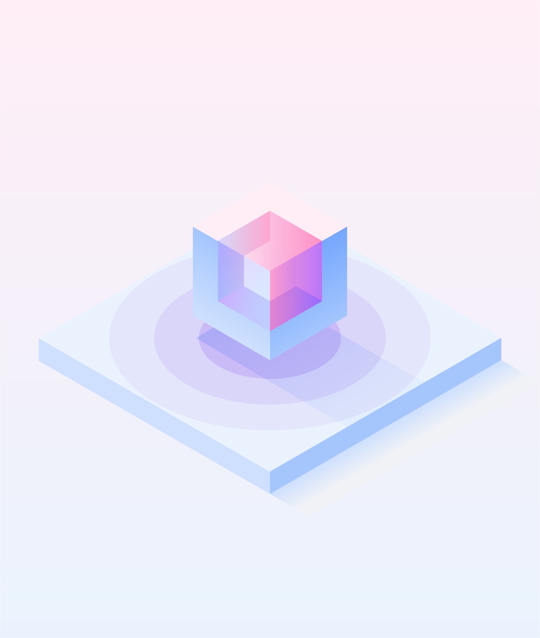 Abstract illustration of a geometric cube on a layered platform with pink and blue gradients