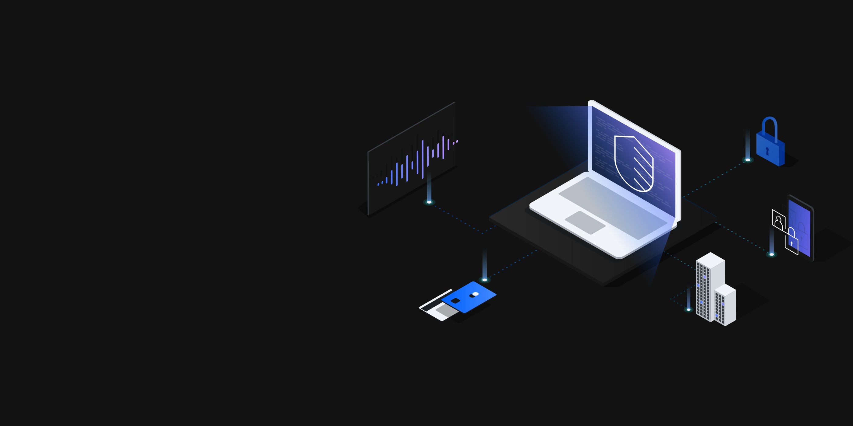 Abstract illustration of a laptop with a shield icon connected to analytics and security elements on a dark background