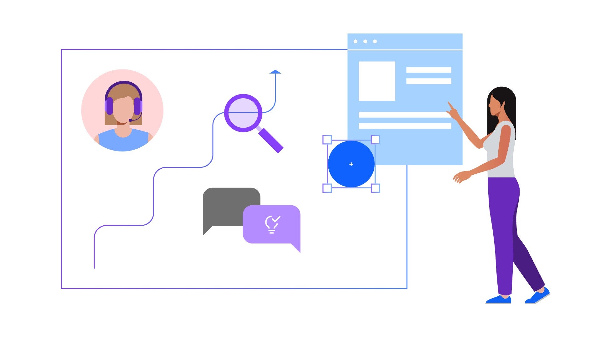 Illustration of person using computer with support team member in headphones