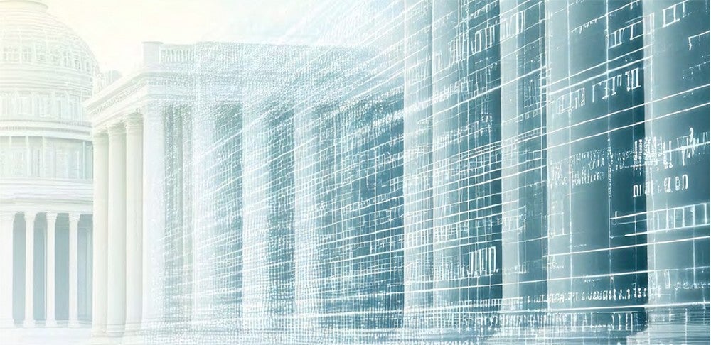 Government building and columns overlaid with digital code and data lines, symbolizing public sector technology.