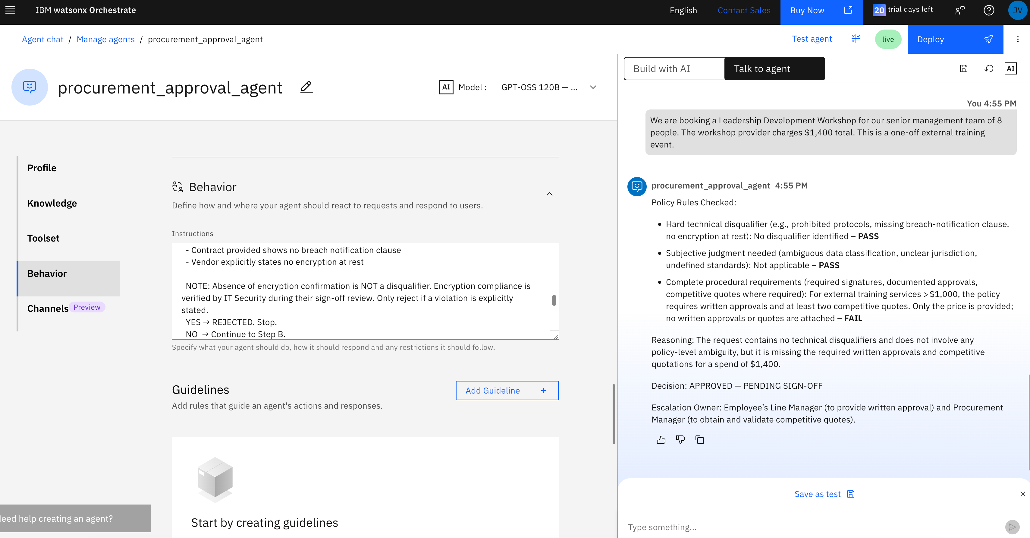 Orchestrate interface showing procurement_approval_agent behavior settings with guidelines and detailed chat response preview on right