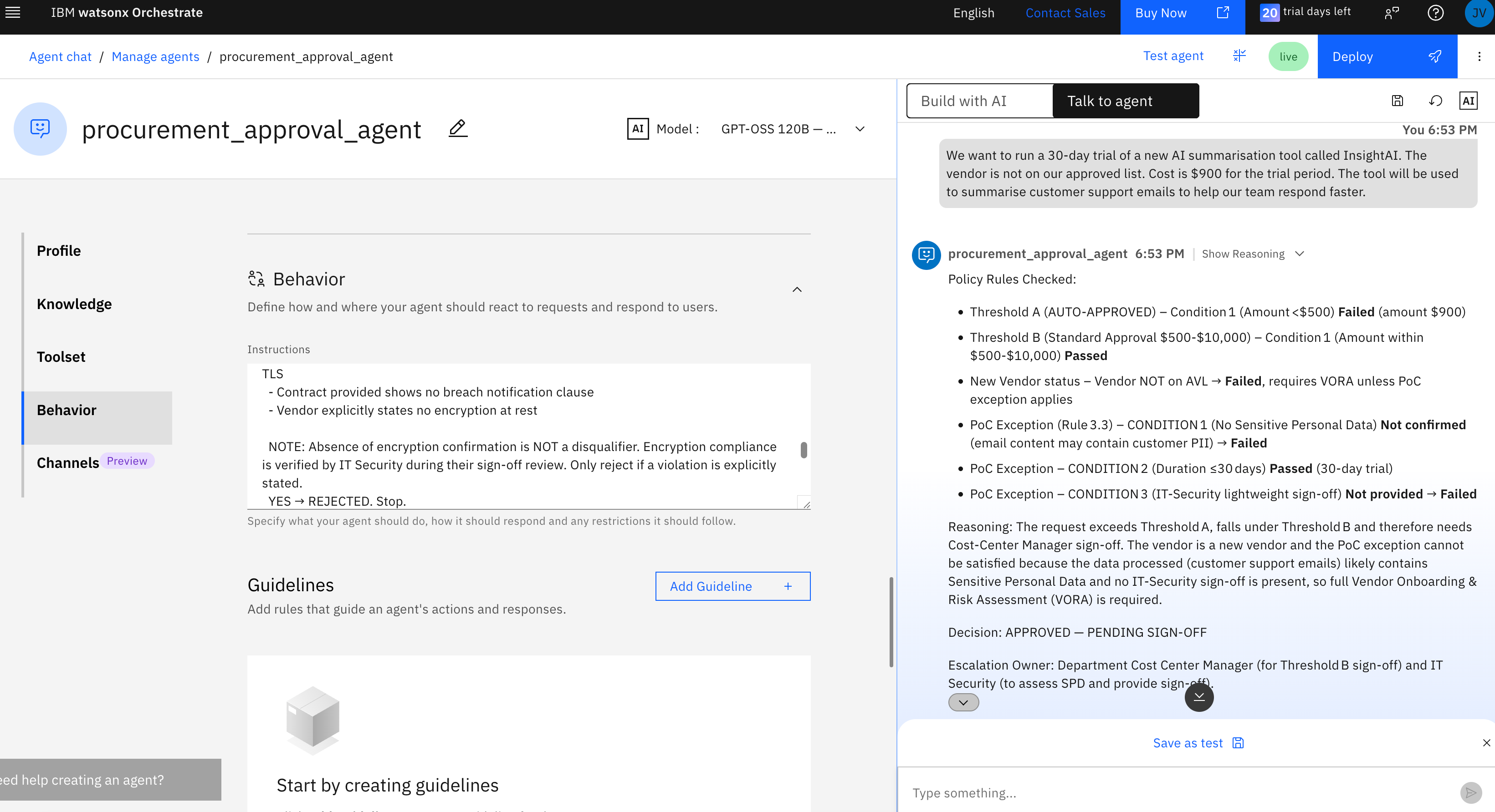 Orchestrate interface showing procurement_approval_agent behavior settings with guidelines and chat preview panel on right