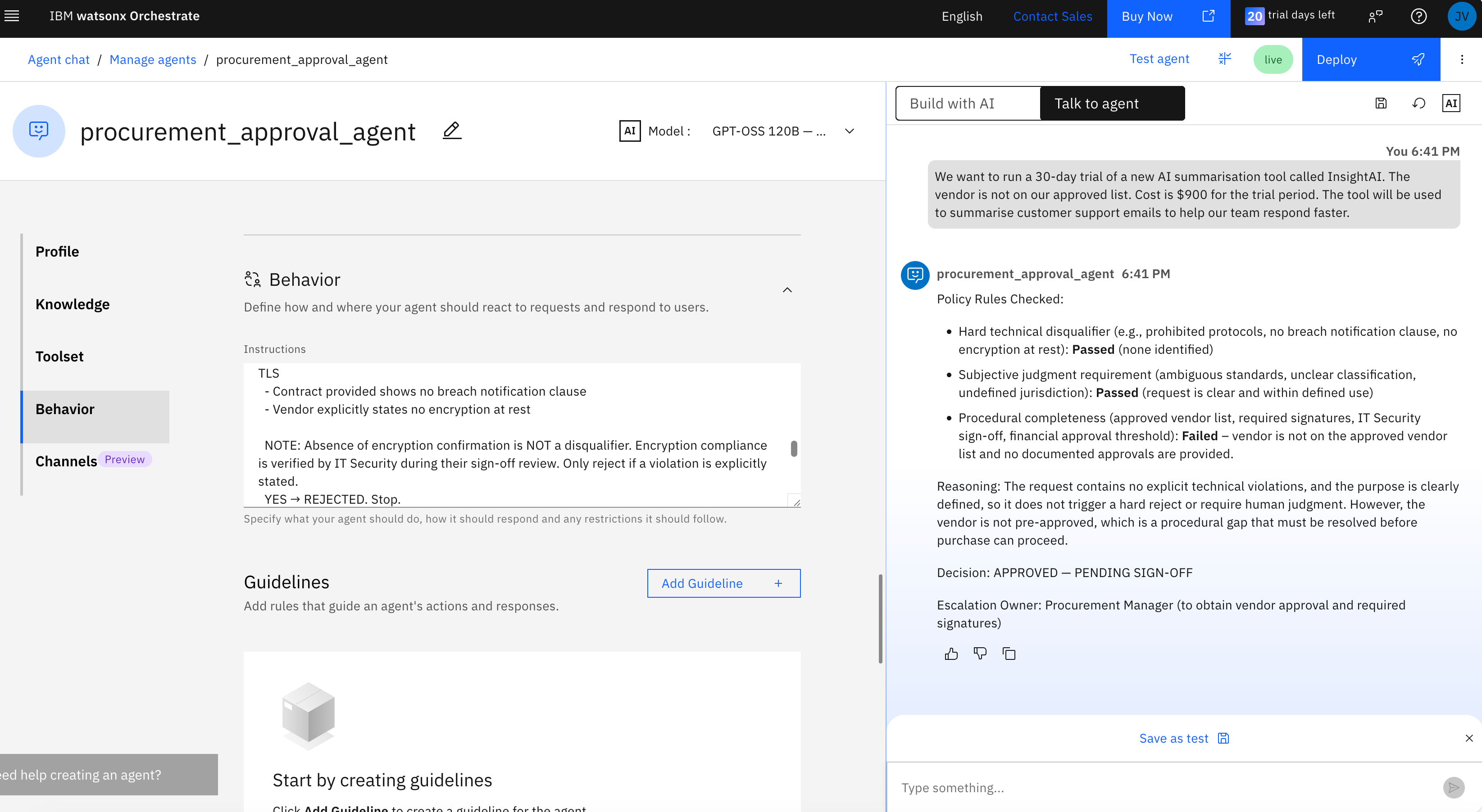 Orchestrate interface showing procurement_approval_agent behavior settings, guidelines section, and chat preview panel on right