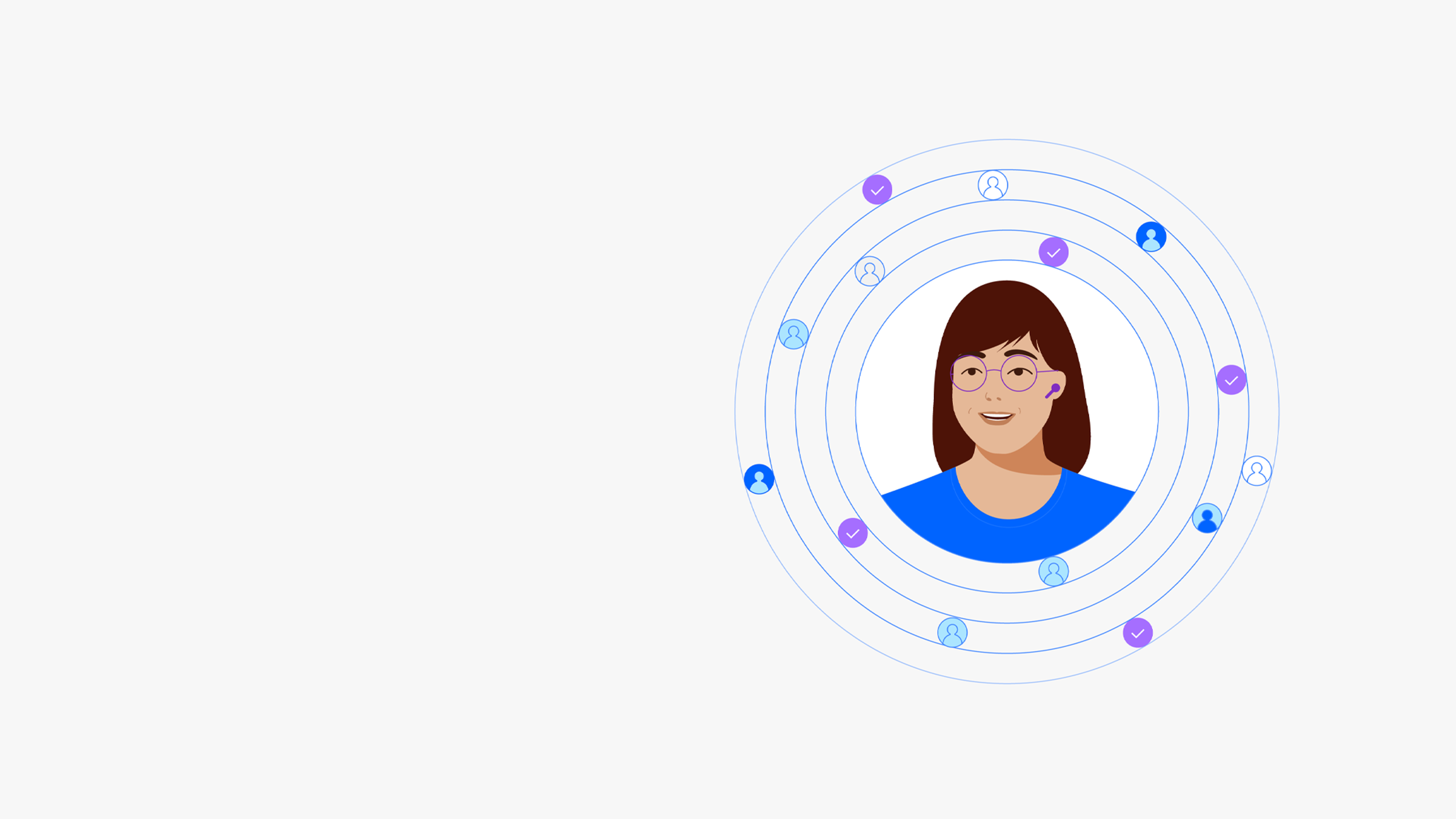 Illustration of a person surrounded by icons of people and checkmarks