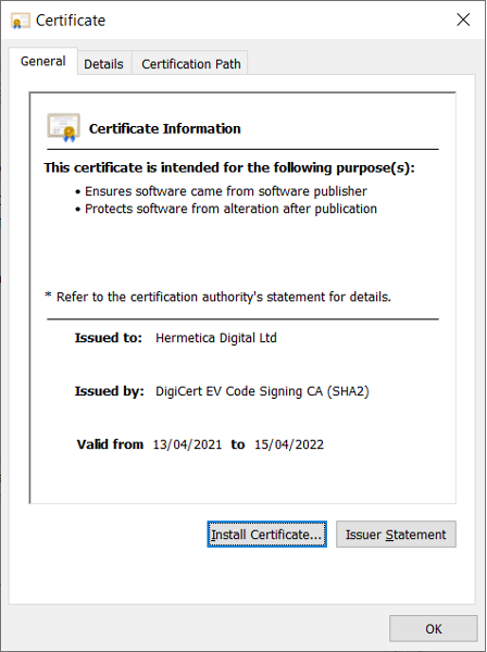 Screenshot of the digital certificate contained within HermeticWiper