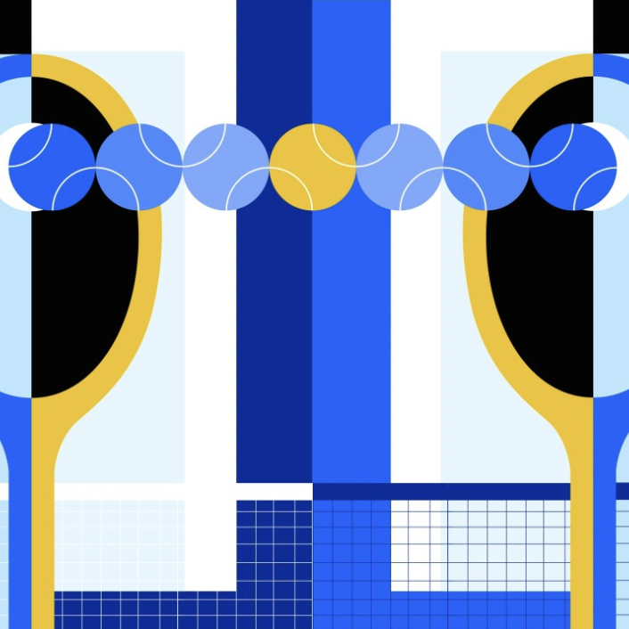 Abstract geometric design with blue and gold forms, linked circles across the center, and grid patterns below.